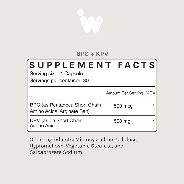 BPC + KPV, Muscle, Joint & Gut Support, Rapid-Release Capsules by InfiniWell 30 capsules supplement facts label
