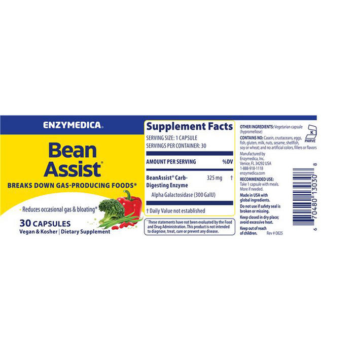 BeanAssist 30 Capsules by Enzymedica information label
