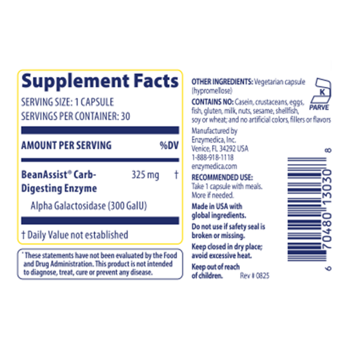 BeanAssist 30 Capsules by Enzymedica supplement facts label
