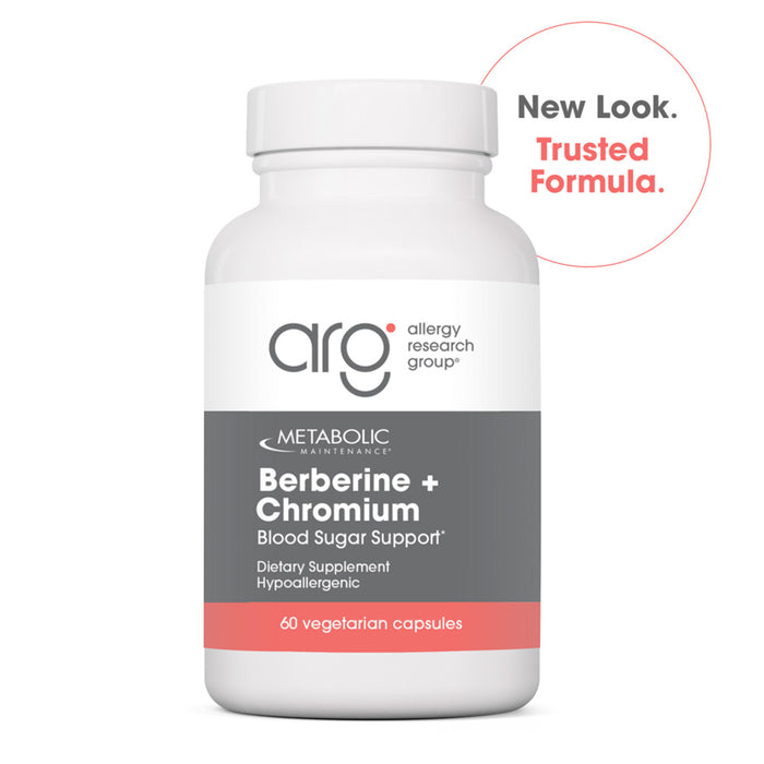 Supplement bottle labeled 'Allergy Research Group' with 'Berberine + Chromium' on a white background.