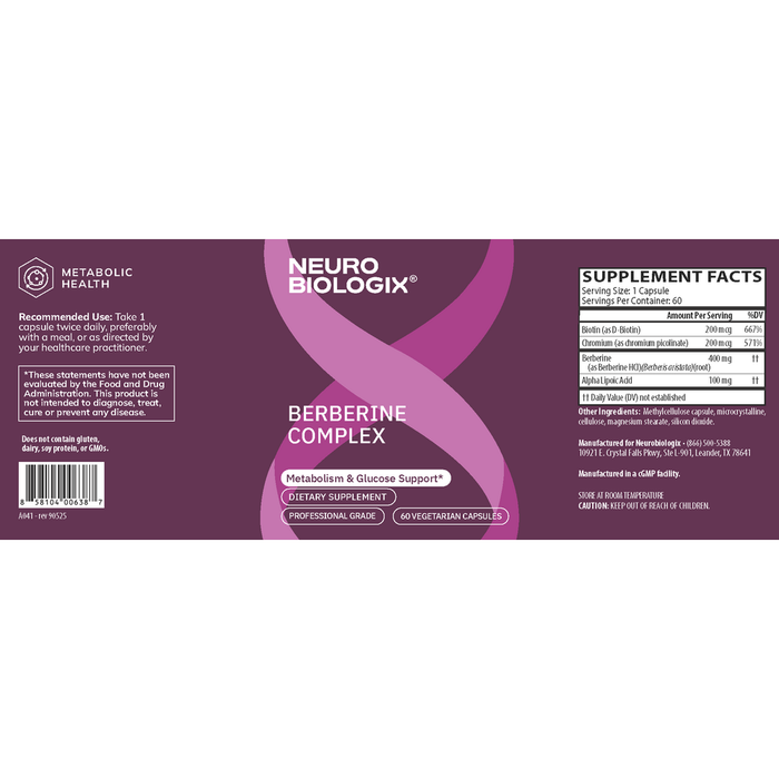 Berberine Complex 60 Capsules by Neurobiologix Label