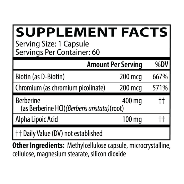 Berberine Complex 60 Capsules by Neurobiologix Supplement Facts Label