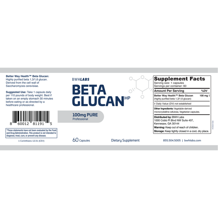 Beta Glucan 100mg 60 Capsules by BWH Labs information label