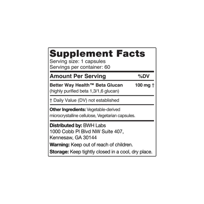 Beta Glucan 100mg 60 Capsules by BWH Labs supplement facts label