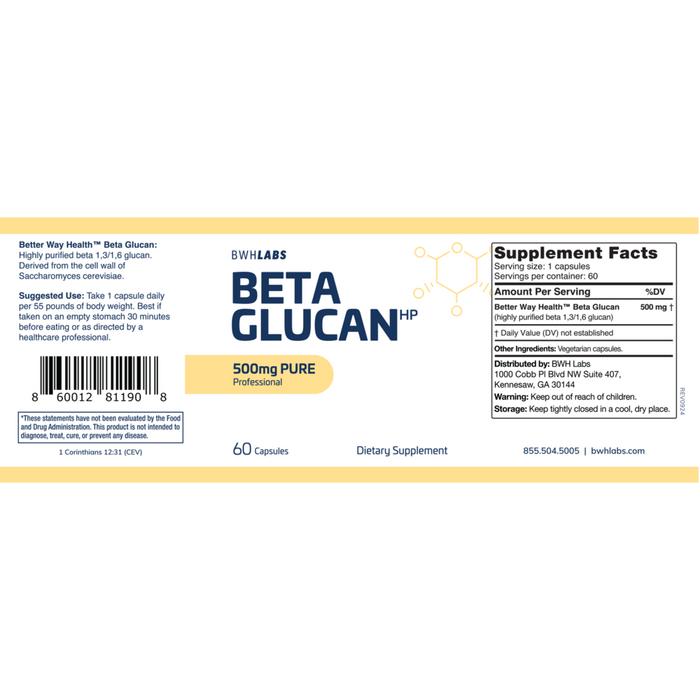 Beta Glucan 500mg 60 Capsules by BWH Labs information label