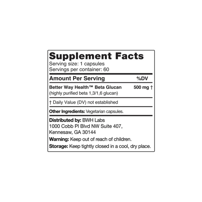 Beta Glucan 500mg 60 Capsules by BWH Labs supplement facts label