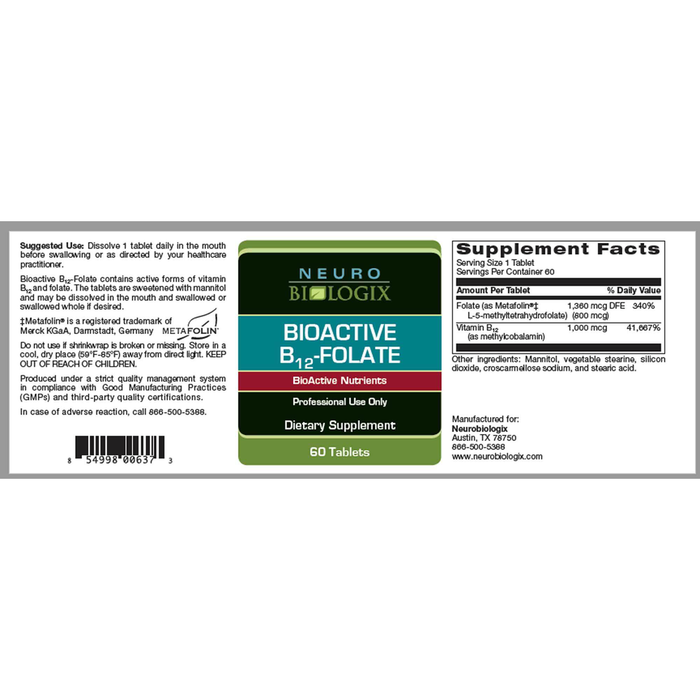 BioActive B12 Folate 60 Tablets by Neurobiologix Supplement Facts