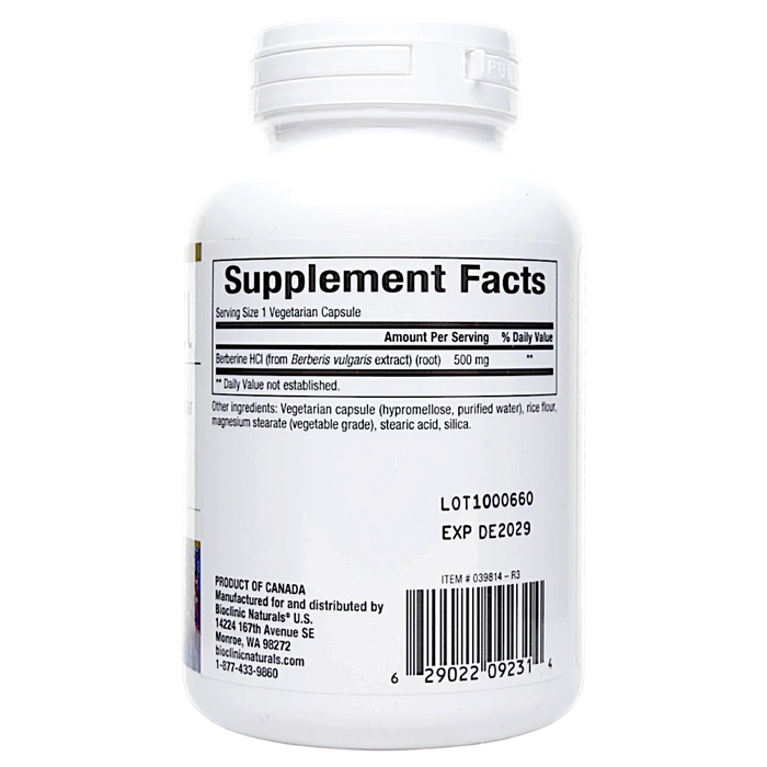 Bioclinic Naturals' Berberine HCL 90 capsules Supplement Facts