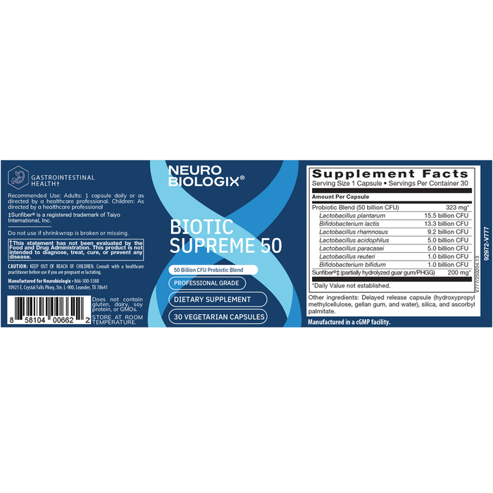 Biotic Supreme 50 30 Capsules by Neurobiologix Supplement Facts