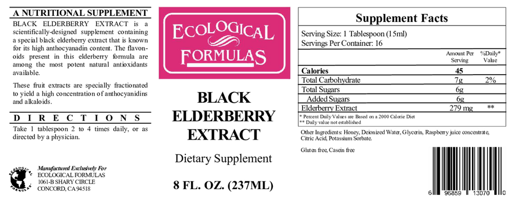 Black Elderberry Extract 8 fl oz by Ecological Formulas information label