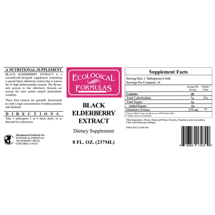 Black Elderberry Extract 8 fl oz by Ecological Formulas information label