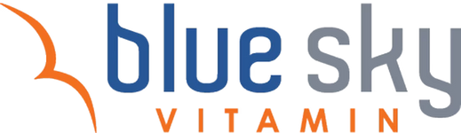 Logo of Blue Sky Vitamin with blue and gray text and an orange bird-like shape.