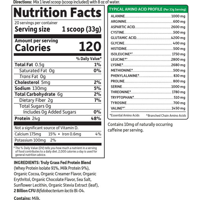 Supplement Facts label for Certified Grass Fed Whey Protein 20 Servings by Garden of Life Sport