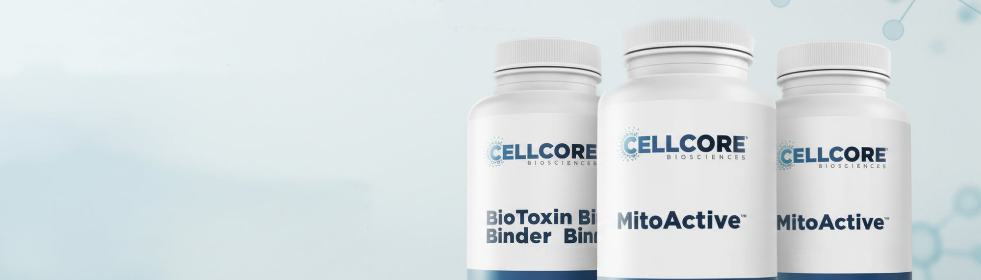 Three white bottles labeled 'CELLCORE' on a light blue background