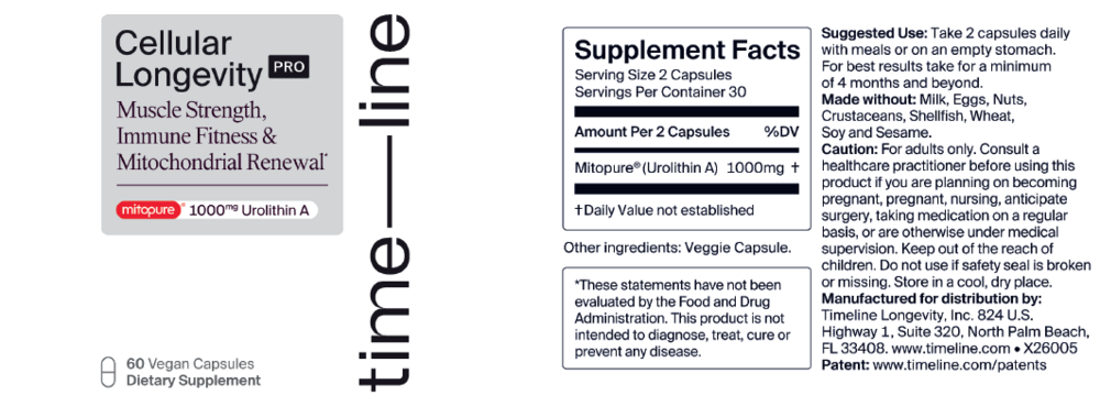 Cellular Longevity PRO 60 Capsules by Timeline  information label 
