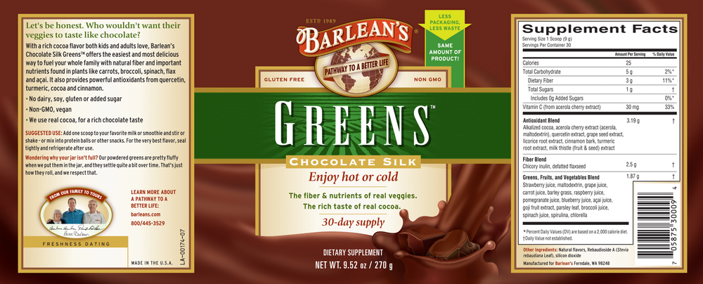 Chocolate Silk Greens 30 Servings by Barlean's Organic Oils Label