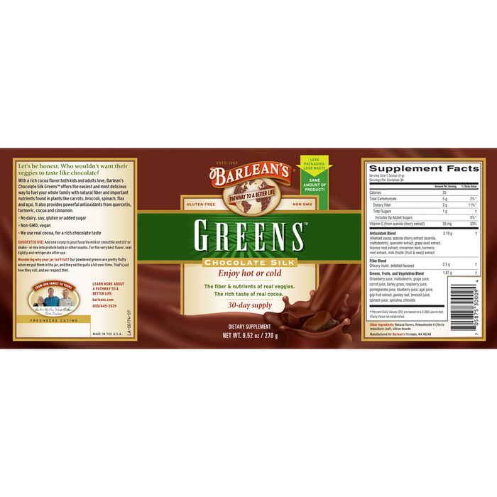 Chocolate Silk Greens 30 Servings by Barlean's Organic Oils Label
