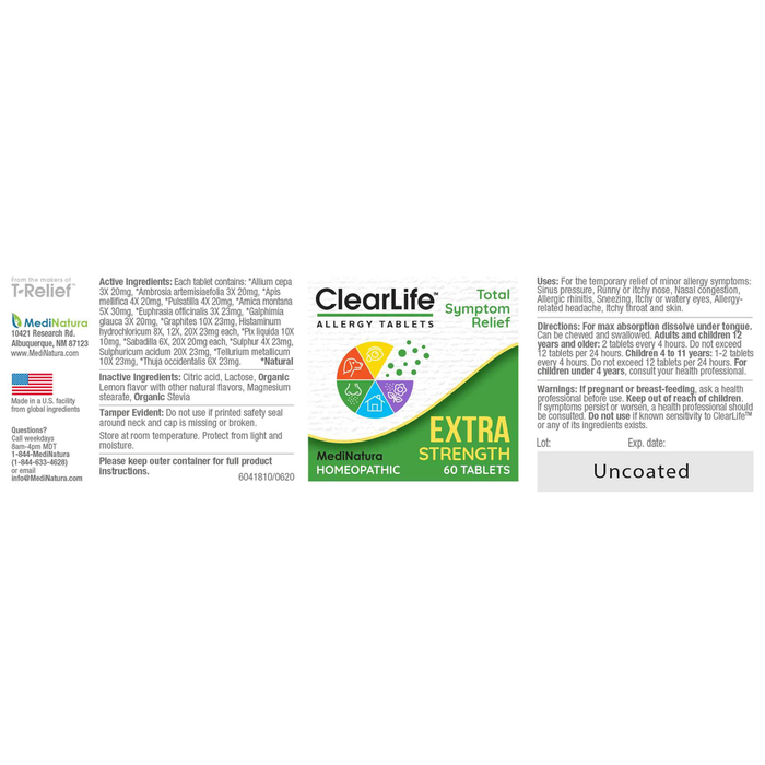 ClearLife Allergy Tablets Extra Strength 60 Tablets by MediNatura information label
