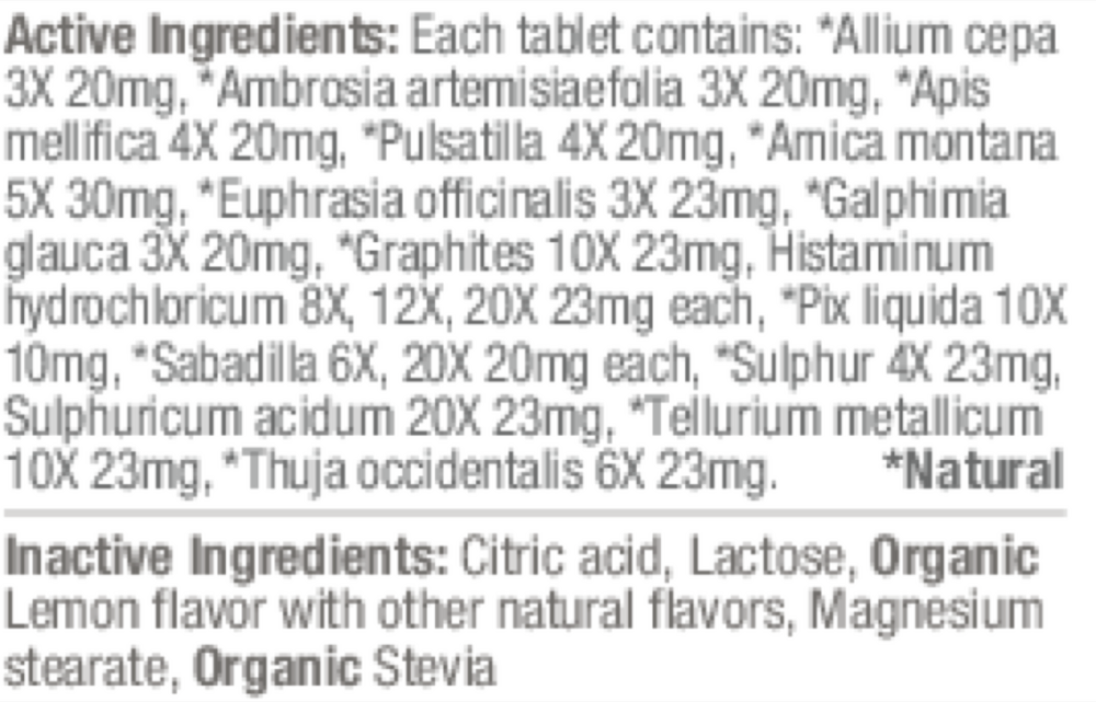ClearLife Allergy Tablets Extra Strength 60 Tablets by MediNatura supplement facts label
