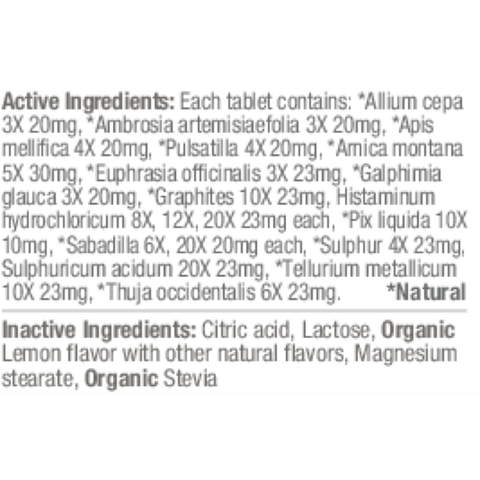 ClearLife Allergy Tablets Extra Strength 60 Tablets by MediNatura supplement facts label
