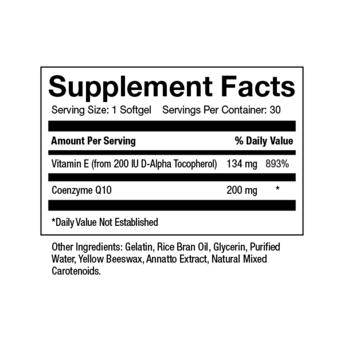 CoQ-10 200mg CoQsol 30 Softgels by Inwell Biosciences supplement facts label 