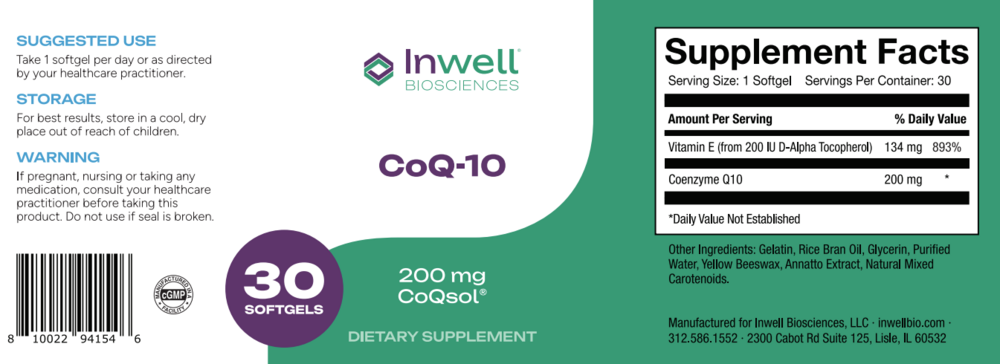 CoQ-10 200mg CoQsol 30 Softgels by Inwell Biosciences supplement facts label and recommendations label