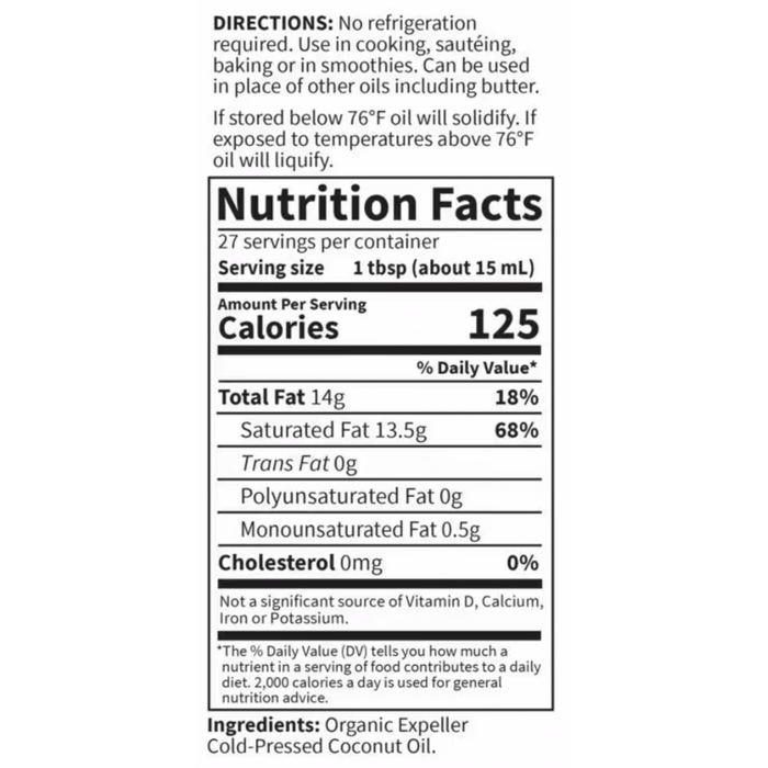 Coconut Oil Raw Extra Virgin by Garden of Life 14 fl oz supplement facts label