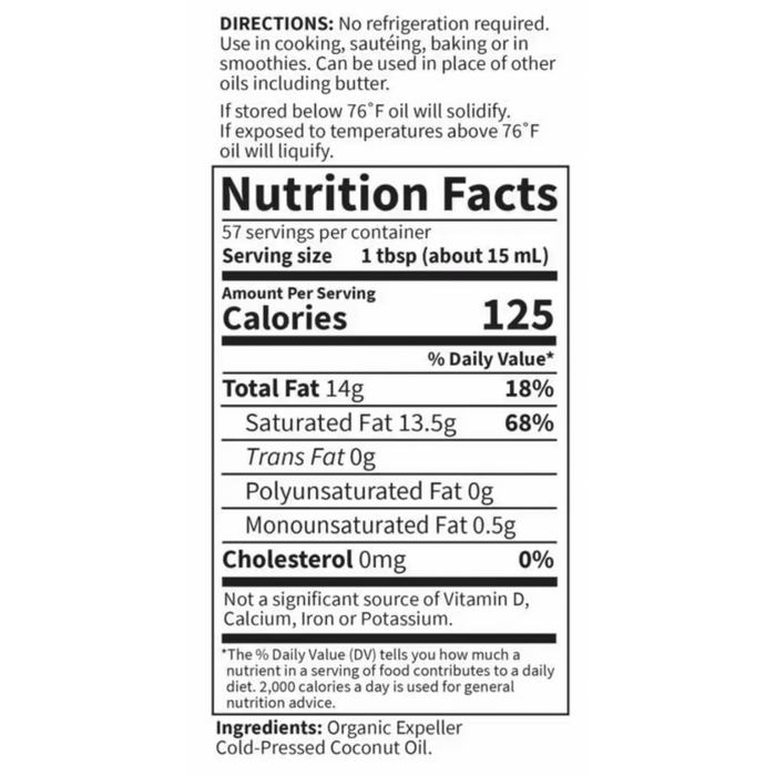 Coconut Oil Raw Extra Virgin by Garden of Life 29 fl oz supplement facts label