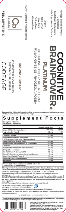 Cognitive Brainpower Platinum 90 Capsules by CodeAge information facts label
