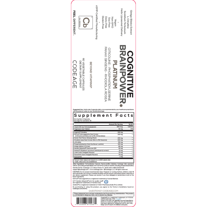 Cognitive Brainpower Platinum 90 Capsules by CodeAge information facts label
