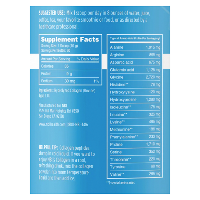 Collagen Types I & III Powder 30 Servings by NBI Supplement Facts Label