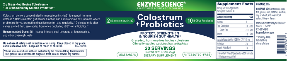 Colostrum + Probiotics Powder Unflavored 30 Servings by Enzymedica information label
