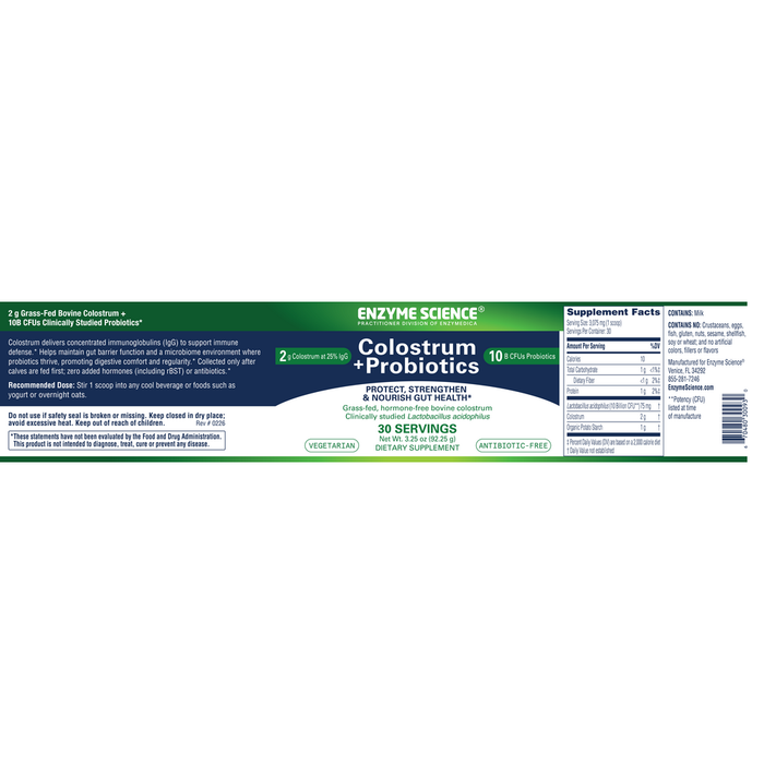 Colostrum + Probiotics Powder Unflavored 30 Servings by Enzymedica information label