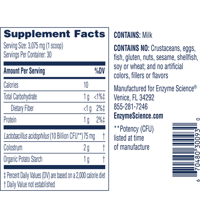 Colostrum + Probiotics Powder Unflavored 30 Servings by Enzymedica supplement facts label