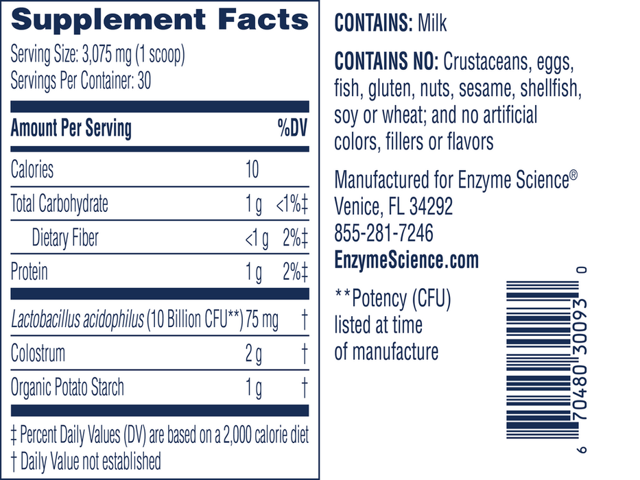 Colostrum + Probiotics Powder Unflavored 30 Servings by Enzymedica supplement facts label