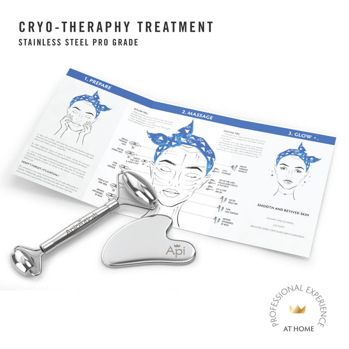 Cryo-therapy treatment set with stainless steel tools and instructions on a white background