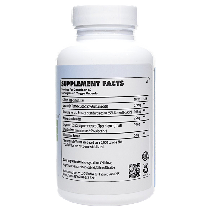 Project AD's Curcumin+ 60 capsules supplement facts label
