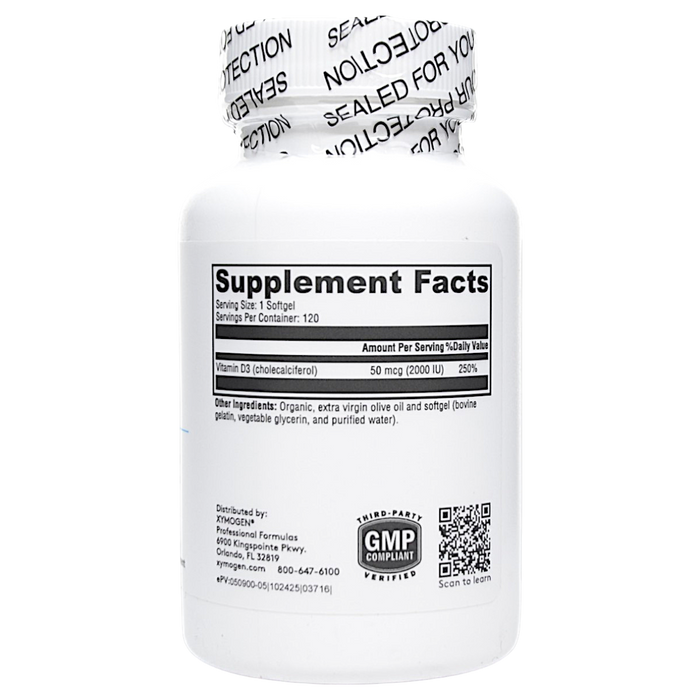 Xymogen's D3 2000 120 softgels supplement facts label