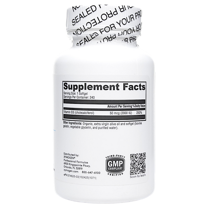 Xymogen's D3 2000 240 softgels supplement facts label