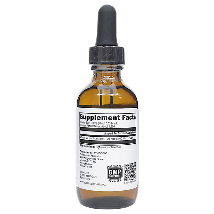 Xymogen's D3 Liquid 2 fluid ounces supplement facts label