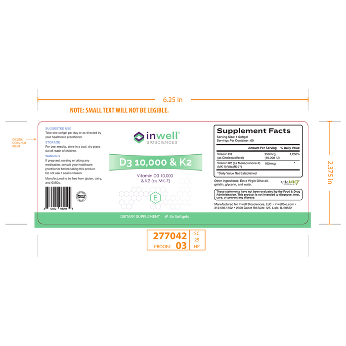 D3 10,000 & K2 60 Softgels by Inwell Biosciences supplement facts label and recommendations label