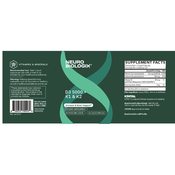 D3 5000 + K1/K2 60 Capsules by Neurobiologix Label