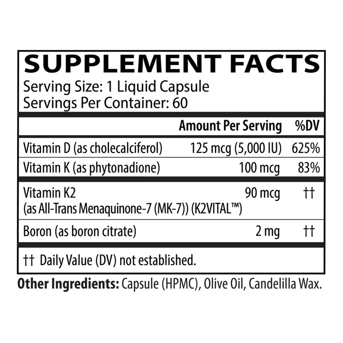 D3 5000 + K1/K2 60 Capsules by Neurobiologix Supplement Facts Label