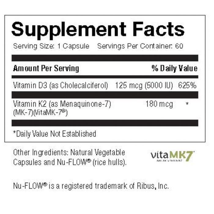 D3 & K2 60 Capsules by Inwell Biosciences supplement facts label 