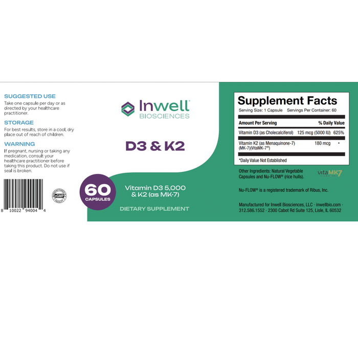 D3 & K2 60 Capsules by Inwell Biosciences supplement facts label and recommendations label