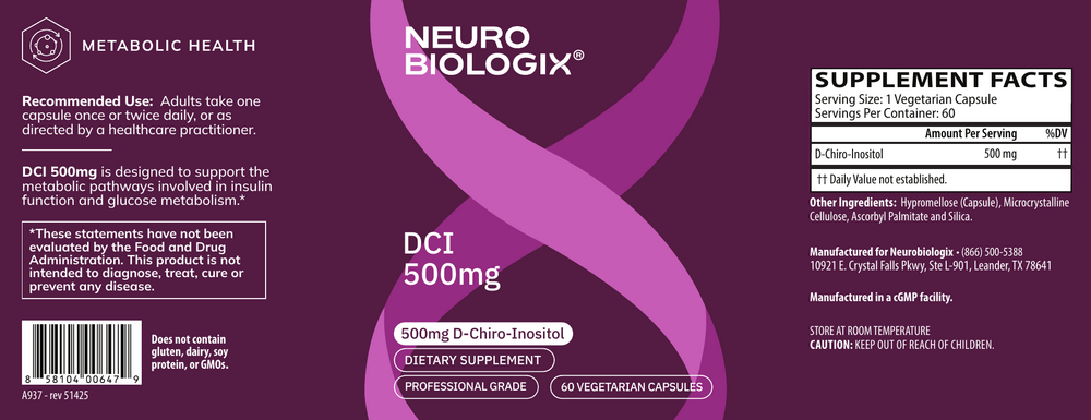 DCI 500mg (D-Chiro-Inositol) 60 Capsules by Neurobiologix Label