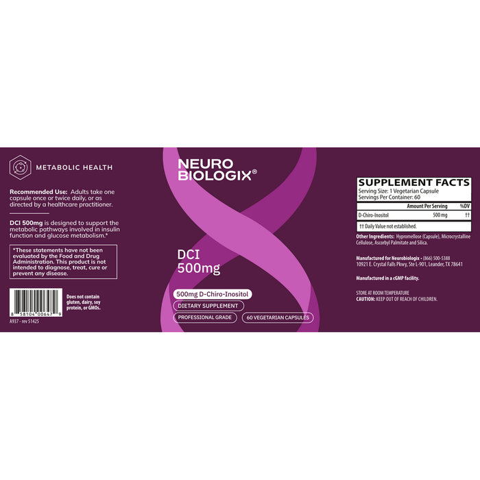 DCI 500mg (D-Chiro-Inositol) 60 Capsules by Neurobiologix Label