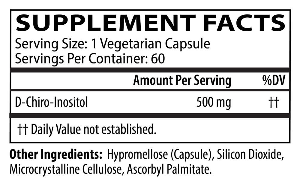 DCI 500mg (D-Chiro-Inositol) 60 Capsules by Neurobiologix Supplement Facts Label