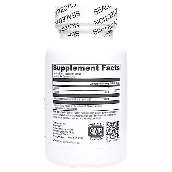 Xymogen's DHA from Algae 60 Softgels supplement facts label