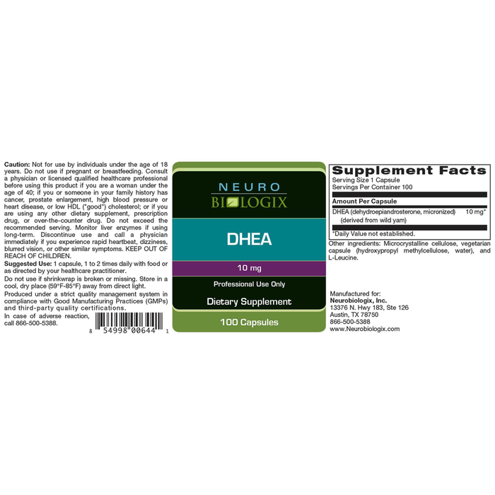 DHEA 10mg 100 Capsules by Neurobiologix Supplement Facts 